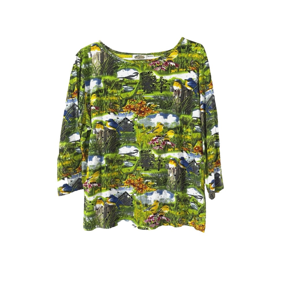 VTG Y2K Collections ETC Barn Farm Bird Floral Sequin Top Large 3/4 Sleeve Cotton